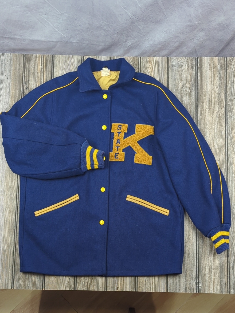 Vintage Butwin Kearney State College Varsity Letterman Jacket Blue Gold Size 16